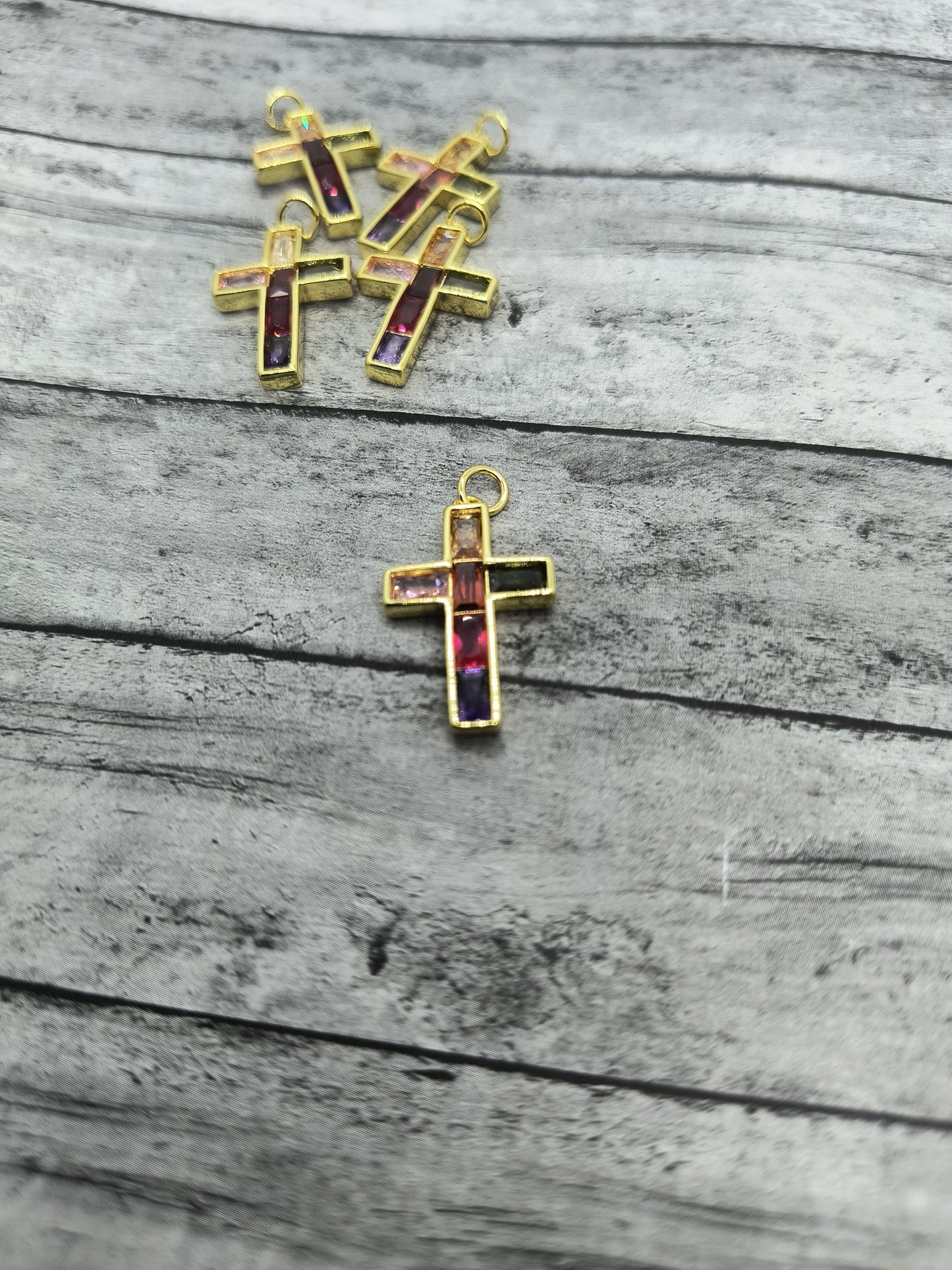 Multi-Colored Rhinestone Cross Charms 18K Gold Plated