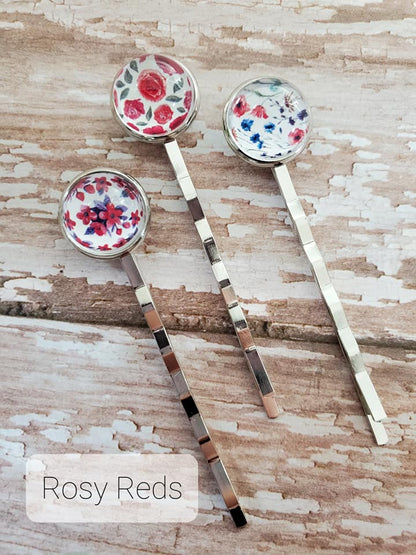 Hair Pins - Floral Rosy Reds (Set of 3)