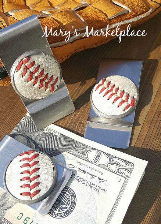 Baseball Money Clip with real vintage leather ball