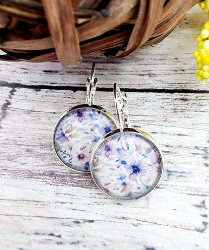 Floral Lever Back Earrings Light Purple