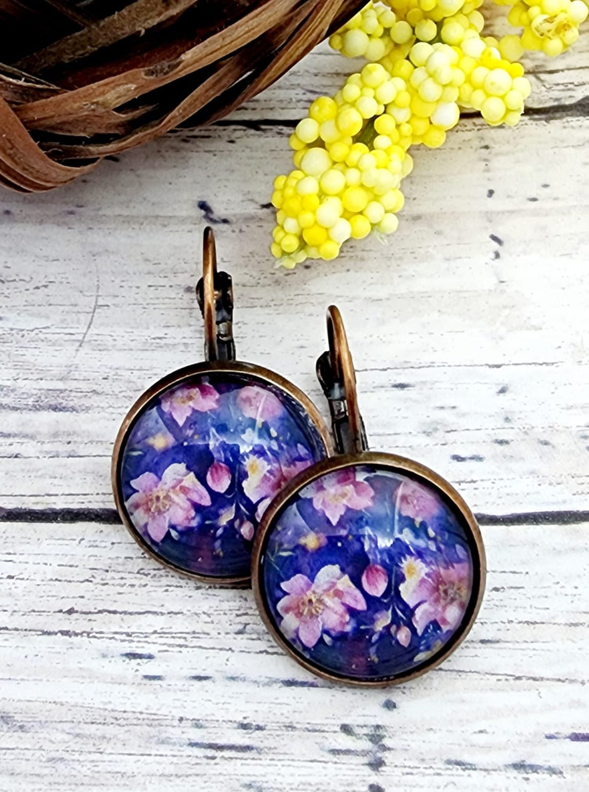 Floral Lever Back Earrings Purple/Blue