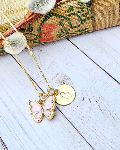 Butterfly Enamel Charm Necklace with Personalization - 18K Gold Plated