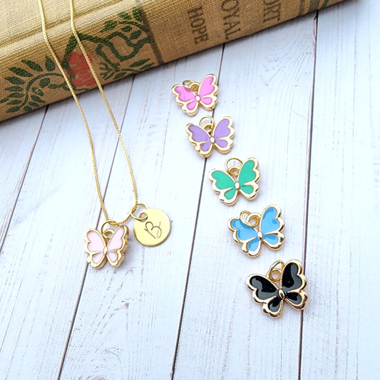 Butterfly Enamel Charm Necklace with Personalization - 18K Gold Plated