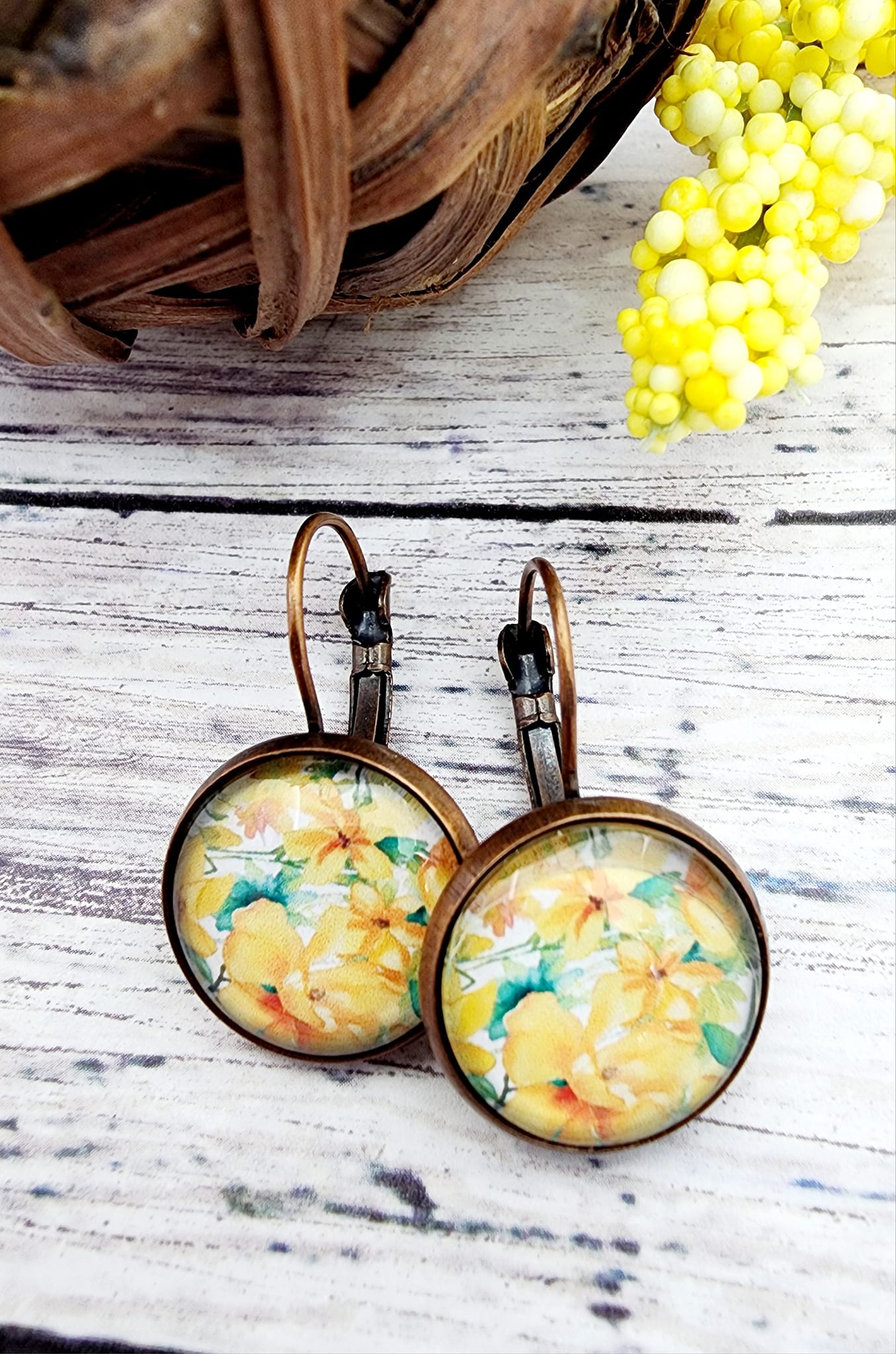 Floral Lever Back Yellow Floral Earrings