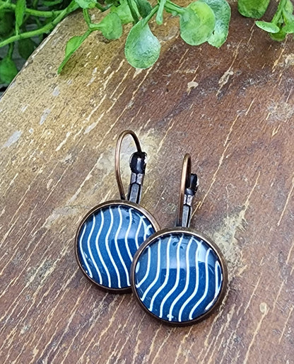 Lever Back Earrings Contemporary Navy Blue Curve Stripe