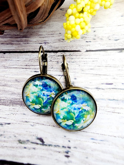 Floral Lever Back Earrings Green Blue Daisy Print