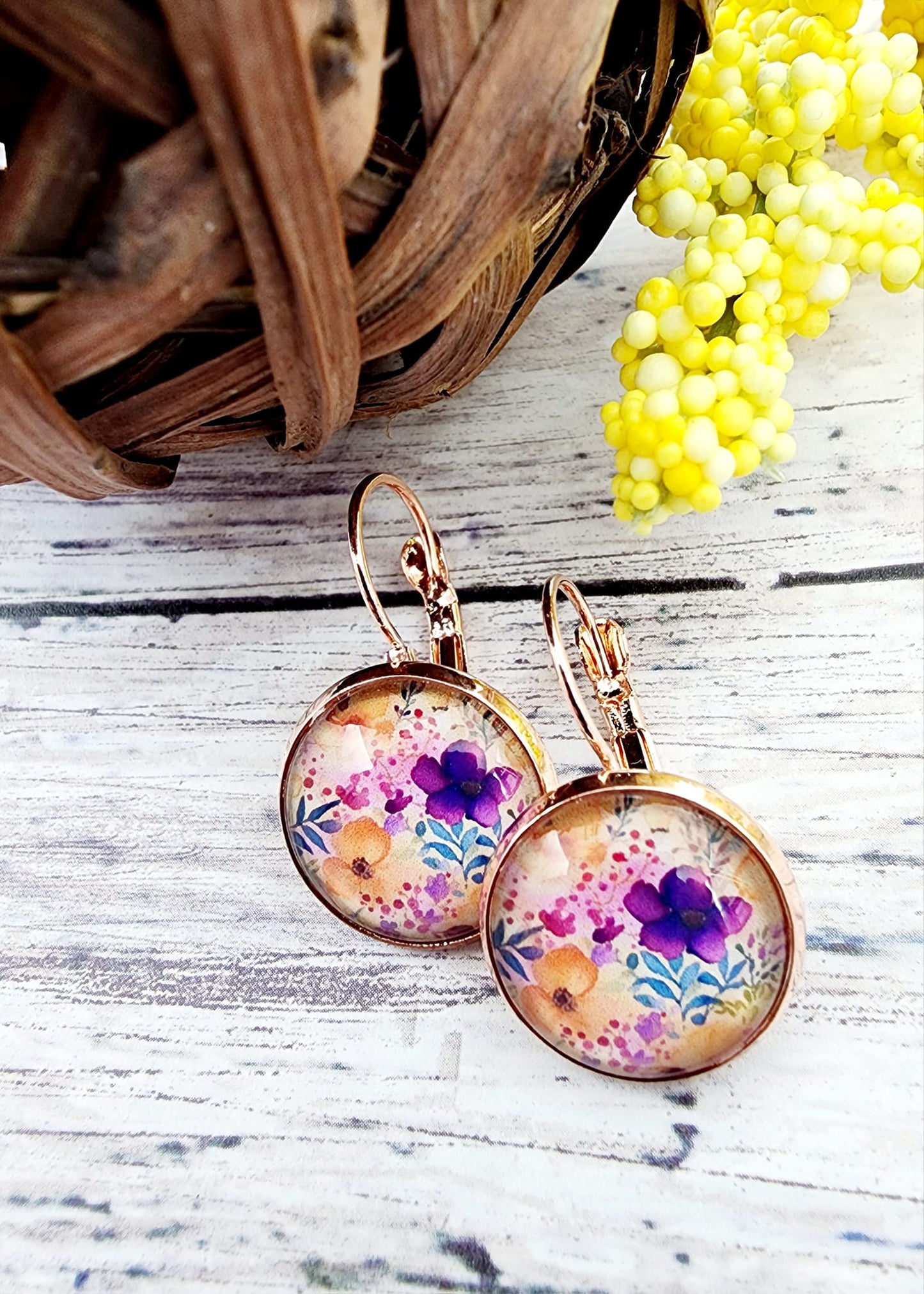 Floral Lever Back Earrings Purple/Yellow