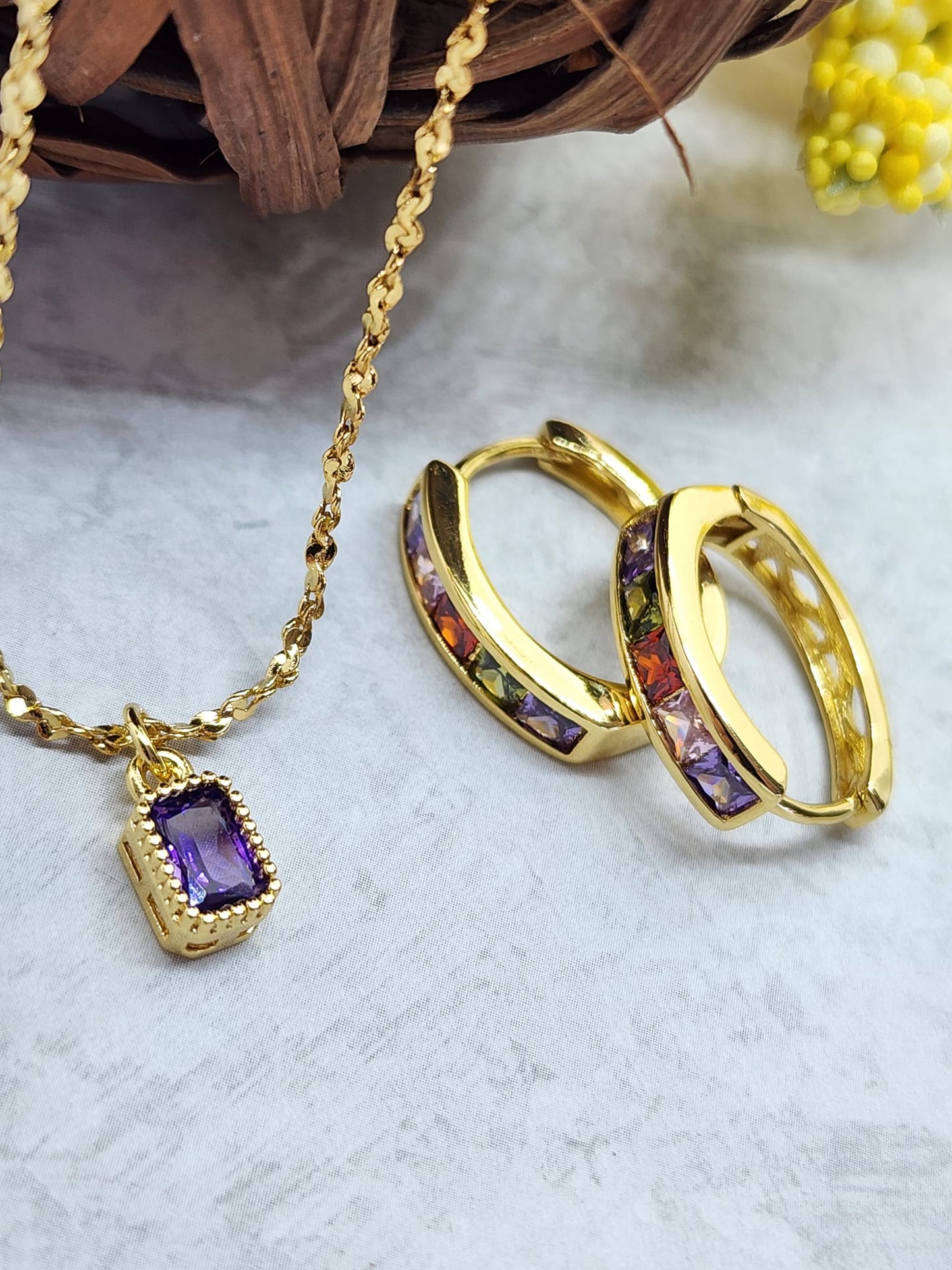 Birthstone Necklace and Earring Set 18K Gold Plated - Amethyst Stone w/Multi Color Earrings
