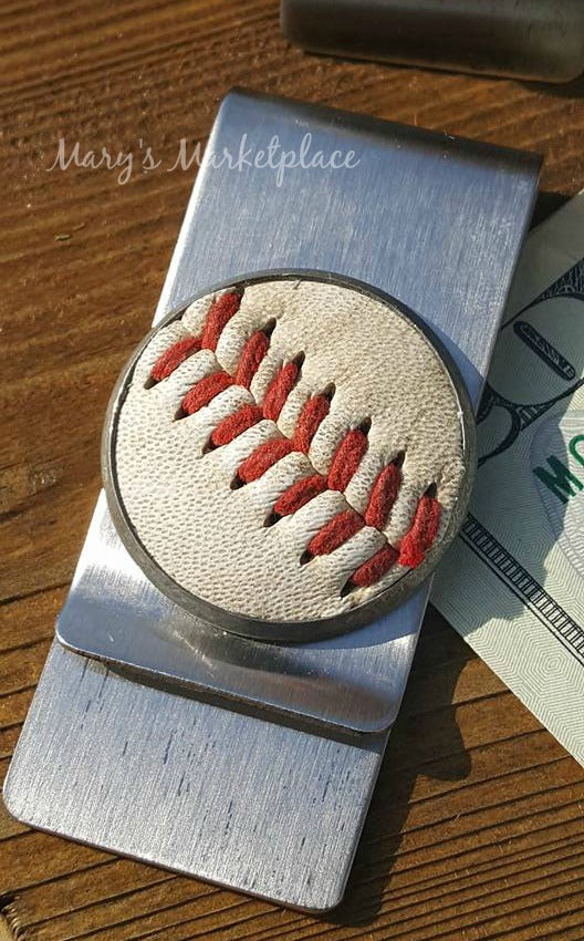 Baseball Money Clip with real vintage leather ball