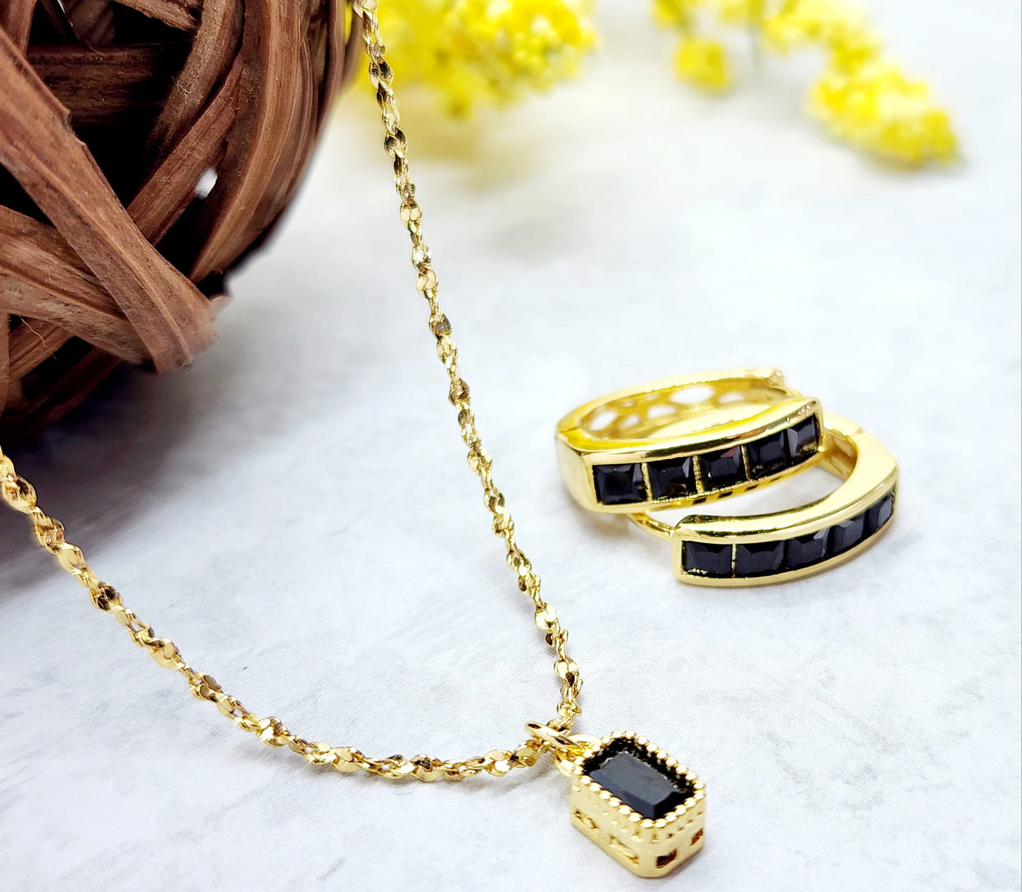 Birthstone Necklace and Earring Set 18K Gold Plated - Black Stone
