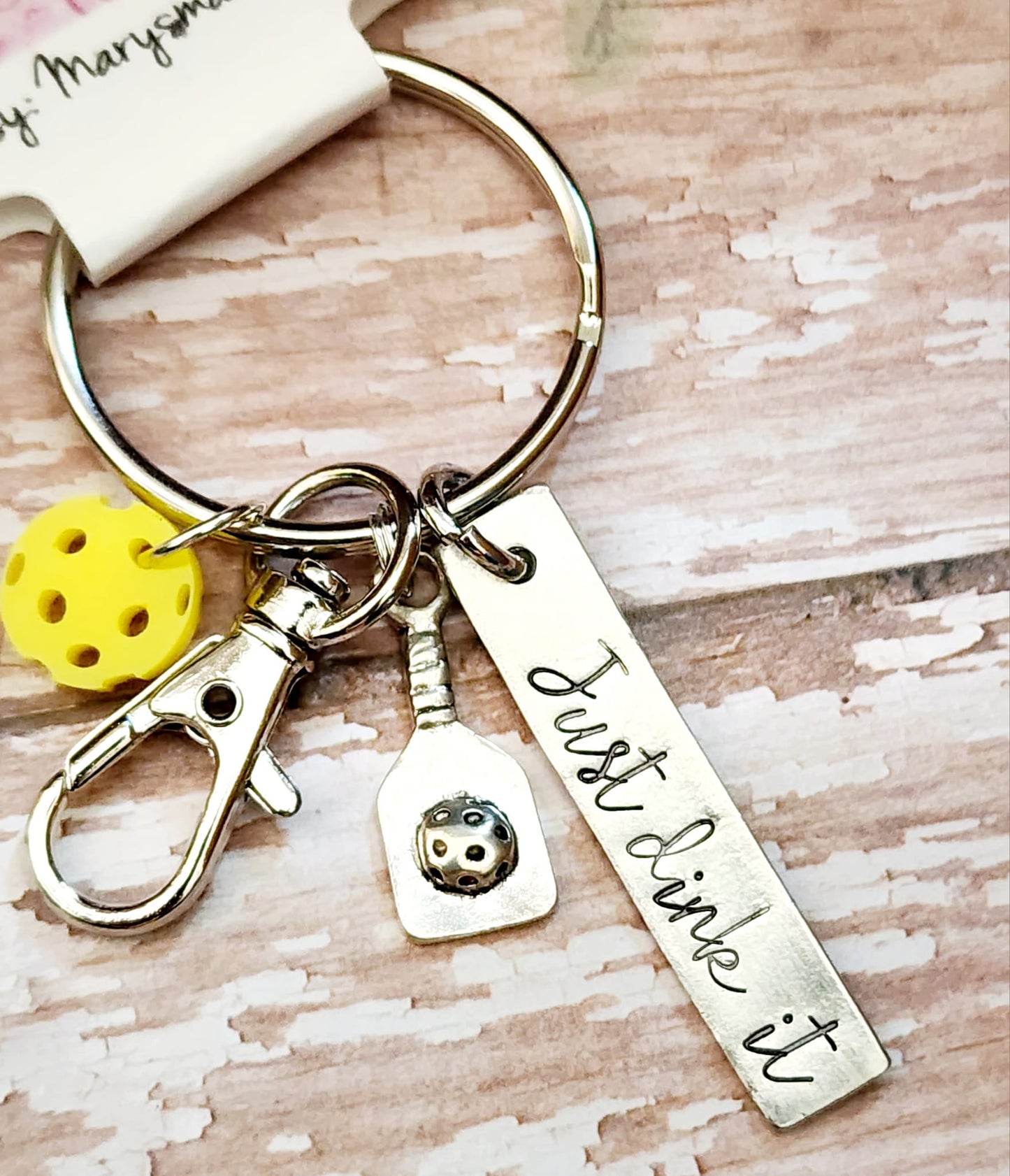 Key Chain Hand Stamped "Just Dink It" with paddle and ball