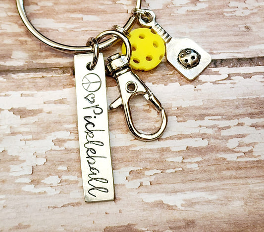 Key Chain Hand Stamped "Peace, Love, Pickleball" with paddle